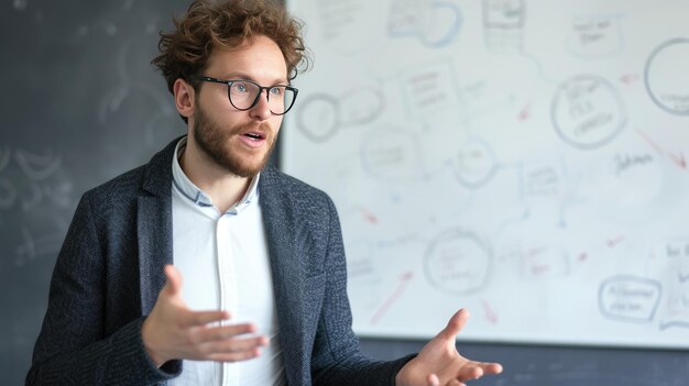 Un profesor entusiasta de pie frente a una pizarra explicando un tema a una clase