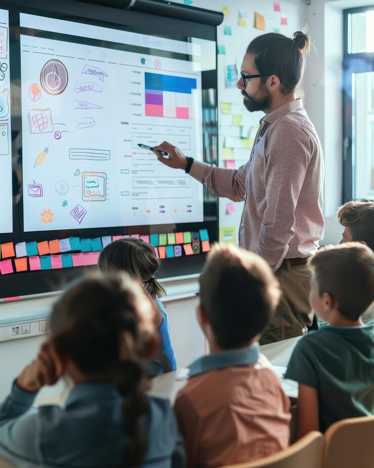 Foto profesor escribiendo en una placa inteligente digital en un aula moderna estudiantes prestando atención limpia configuración minimalista ar 45 v 6 id de trabajo e7711cd0820e47f8a0b891202e0213a9