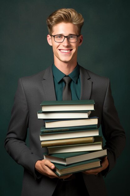 Foto profesor de escuela feliz con libros retratos profesionales aislados