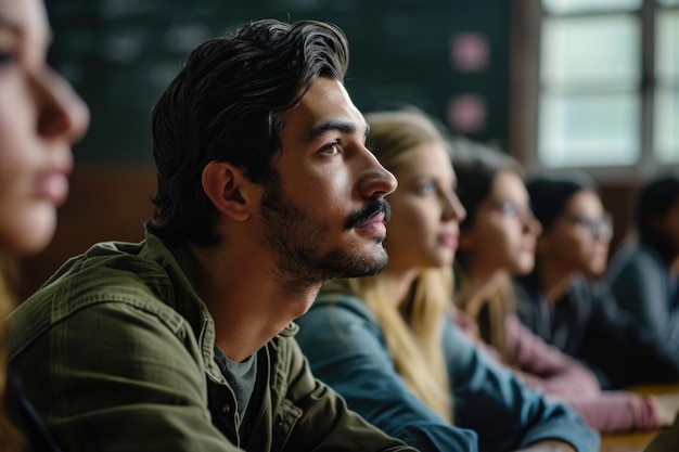 Foto profesor y estudiantes adultos en clase.