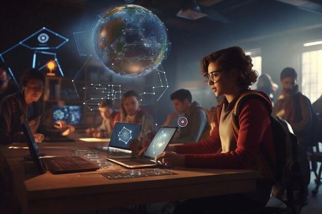 Profesor y estudiantes en una clase de ciencias de la computación
