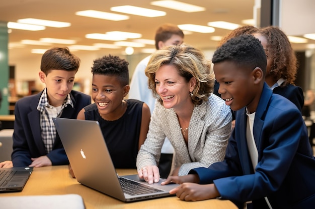 Profesor y estudiantes viendo la pantalla del portátil IA generativa