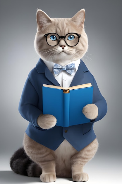 profesor de gato inteligente con traje y gafas con un libro de texto