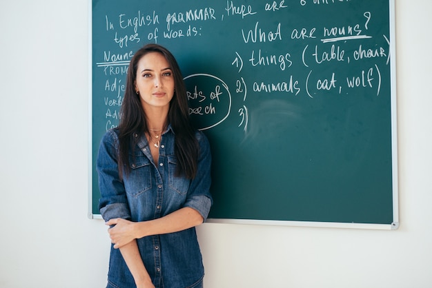 Profesor de inglés de pie cerca de la escuela de idiomas de pizarra.