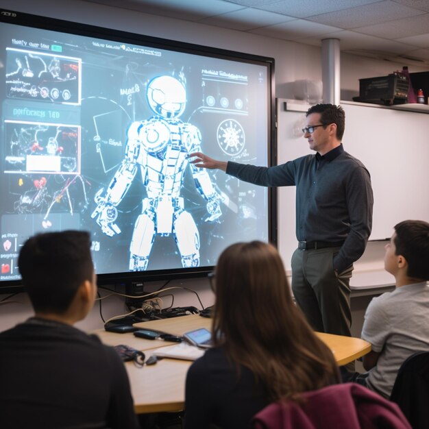 Profesor masculino enseñando con tecnología led