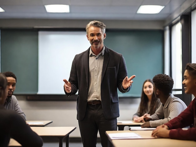Profesor masculino haciendo una presentación a estudiantes universitarios