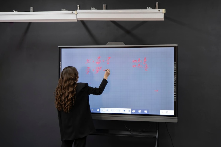 Foto profesor de matemáticas en la escuela escribiendo una nueva tarea de examen en la pizarra electrónica digital