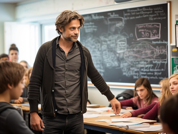 Profesor de matemáticas masculino dirigiendo la lección en el aula