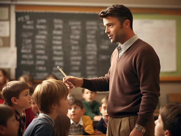 Foto profesor de matemáticas masculino dirigiendo la lección en el aula