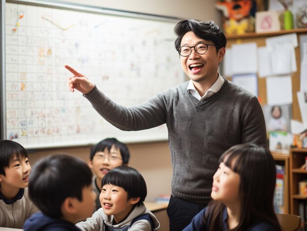 Foto profesor de matemáticas masculino dirigiendo la lección en el aula