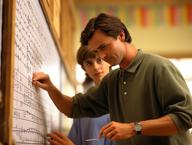 Profesor de matemáticas masculino dirigiendo la lección en el aula