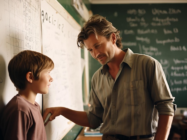 Profesor de matemáticas masculino realizando lecciones en el aula