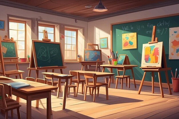 Profesor y niños en la clase de computación en la escuela o universidad Ilustración de dibujos animados vectoriales del interior de la clase con niños
