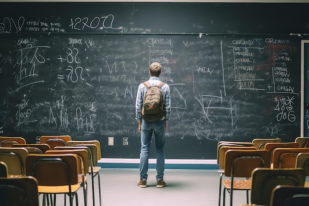 El profesor piensa cómo resolver un problema de matemáticas en la escuela en el contexto de una pizarra negra AI