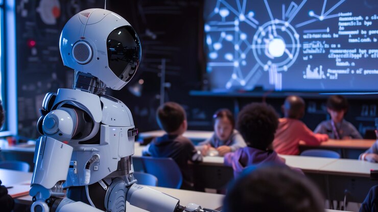 Un profesor robot enseña a un grupo de jóvenes estudiantes en un aula futurista Generative Ai
