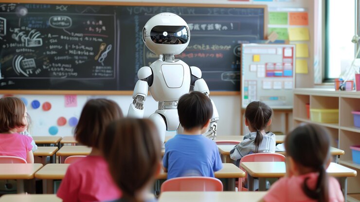 Un profesor robot está de pie en la parte delantera interactuando con los estudiantes en un aula Generative Ai