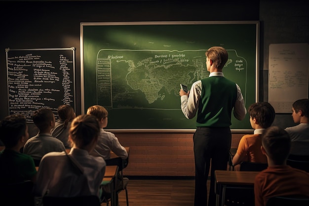 Un profesor en un salón de clases con estudiantes.