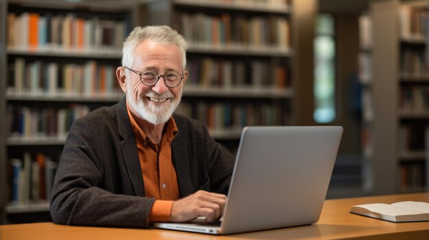 El profesor sénior se sienta en la biblioteca de la universidad con una computadora portátil, preparándose para una conferencia