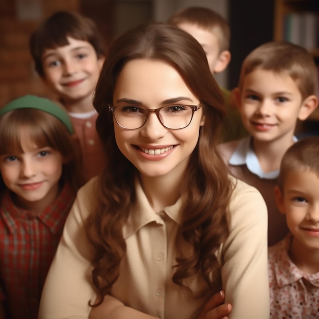 profesor sonriendo a la cámara con sus alumnos de primaria