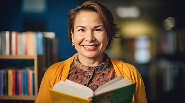 Profesor sonriente sosteniendo un libro en una biblioteca