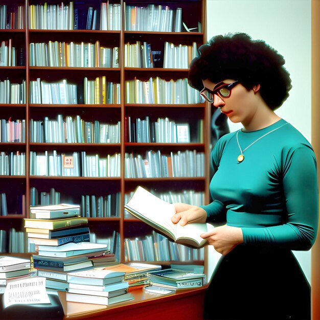 Foto un profesor sostiene el libro en la sala de la biblioteca.