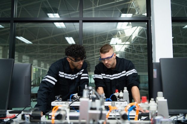 El profesor de tecnología de la mano robótica está instruyendo a los nuevos estudiantes sobre cómo usar el circuito electrónico