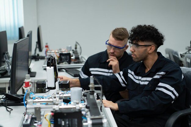 Foto el profesor de tecnología de la mano robótica está instruyendo a los nuevos estudiantes sobre cómo usar el circuito electrónico