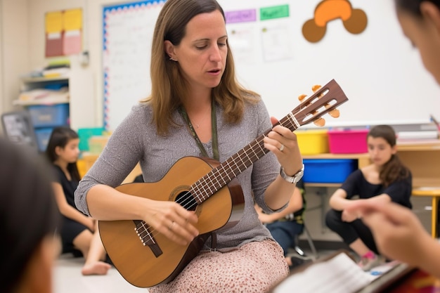 Un profesor tocando una guitarra en un salón de clases.