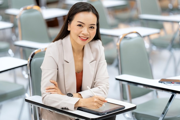 Profesora de Asia tomando notas de la tableta en la biblioteca de la universidad