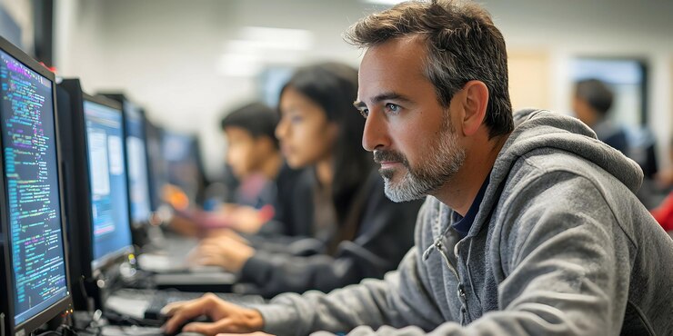 Foto profesora dedicada a las lecciones de codificación en el laboratorio de computación