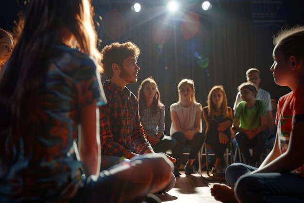 Profesora y estudiantes en el ensayo de teatro