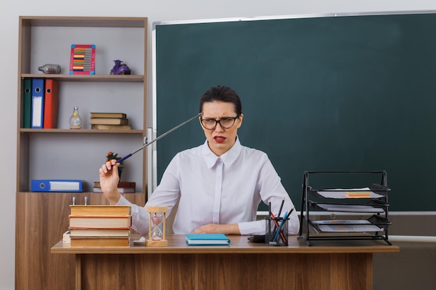 Profesora joven con gafas sosteniendo un puntero explicando la lección luciendo confundida rascándose la cabeza desconcertada sentada en el escritorio de la escuela frente a la pizarra en el aula