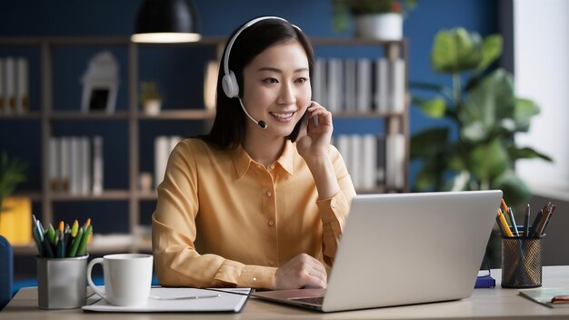 Una profesora de negocios asiática usa auriculares inalámbricos para videoconferencias llamando por computadora portátil.