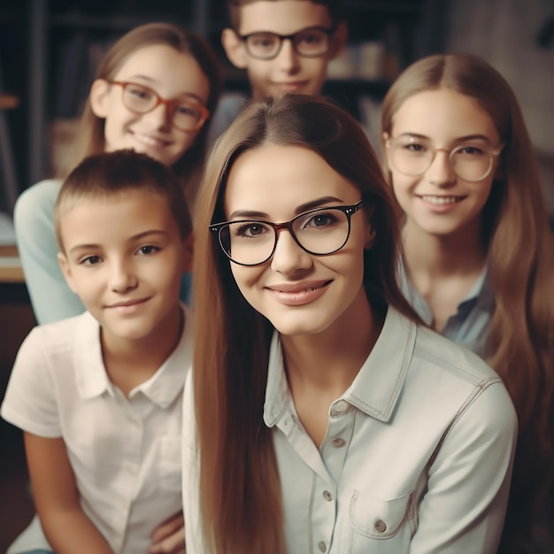 Una profesora posando para la cámara con sus alumnos