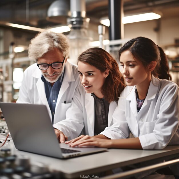 Foto profesora universitaria y estudiantes usando una computadora portátil