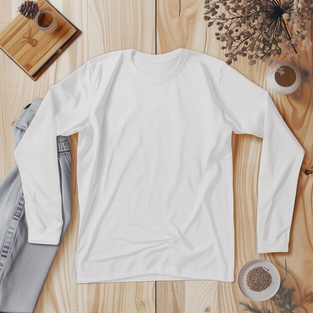 Professional Blank Adult Long Sleeve TShirt Mockup deitado plano com uma aparência realista