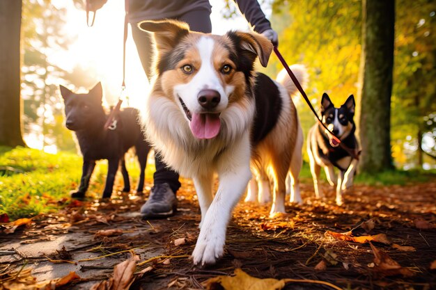 Professional Dog Walkers Dog Walking Business Services Professional dog walker pet sitter caminhando com cães de diferentes raças e resgate na coleira no parque da cidade