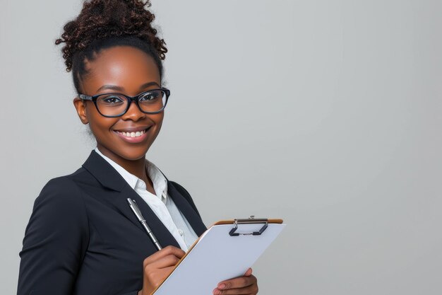 Professionelle afroamerikanische Frau mit Brille, die Ideen auf eine Schreibtafel notiert