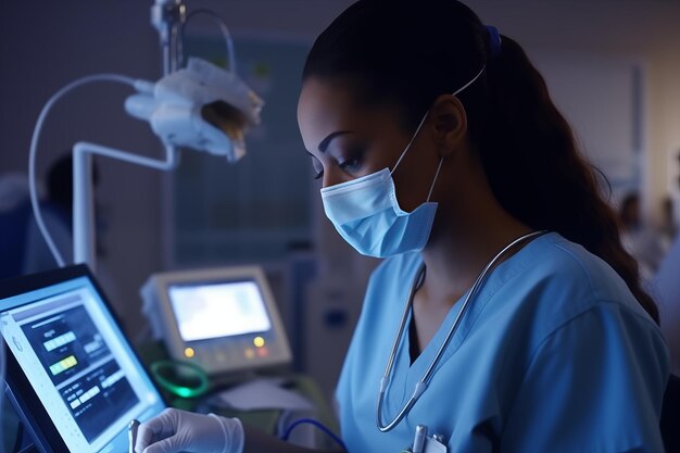 Foto professionelle afroamerikanische krankenschwester mit gesichtsmaske überprüft die vitalzeichen des patienten