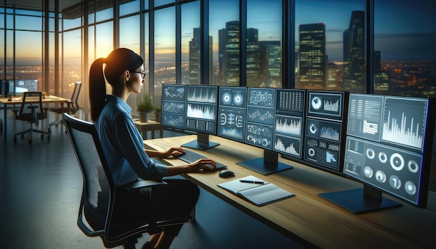Professionelle Analystin konzentriert sich auf Finanzdaten auf mehreren Bildschirmen in einem Büro mit Blick auf den Sonnenuntergang der Stadt