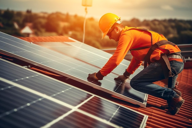 Professionelle Betreiber platzieren Sonnenkollektoren auf einem städtischen Dach, das Ai erzeugt
