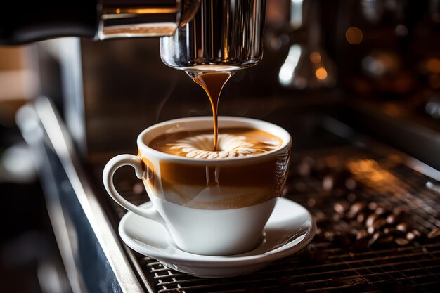 Professionelle Espresso-Maschine braut leckeren Kaffee in eine wunderschöne braune Tasse