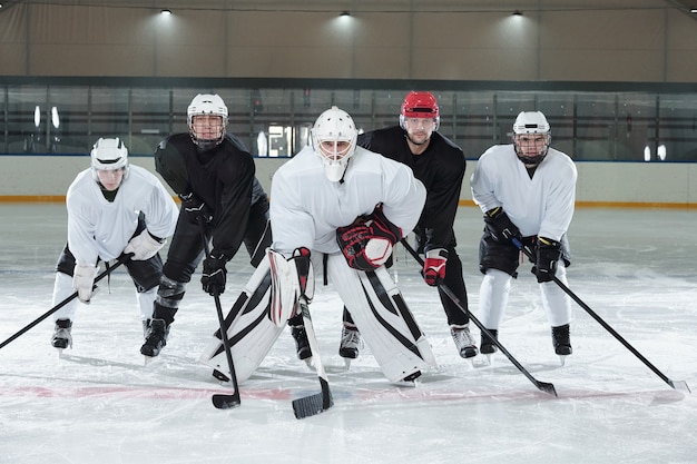 Professionelle Hockeyspieler in Handschuhen, Schlittschuhen und Helmen beugen sich nach vorne, während sie während des Trainings auf der Eisbahn stehen, bevor sie im Stadion spielen