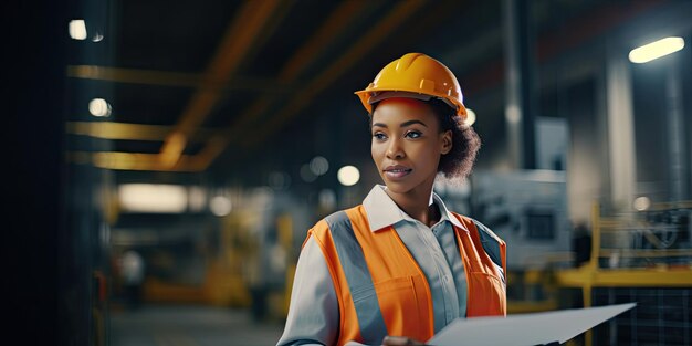 Professionelle Ingenieurin, schwarze Arbeiterin, afrikanische mechanische Wartungskontrolle im Fabriklager. Werkstatt für Fabrikbetreiber, Ingenieurinnen, die Ausbildung in der Fabrik machen