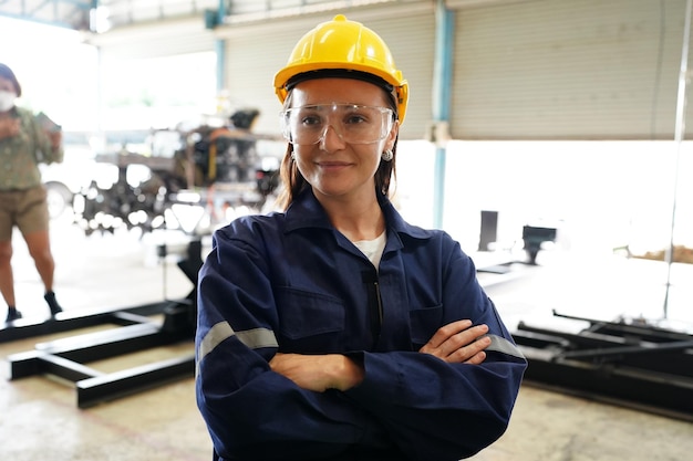 Professionelle junge industrielle Fabrikfrau, die in der Fabrik der Produktionsanlage arbeitet