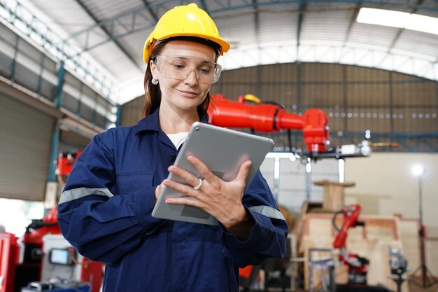 Professionelle junge industrielle Fabrikfrau, die in der Fabrik der Produktionsanlage arbeitet