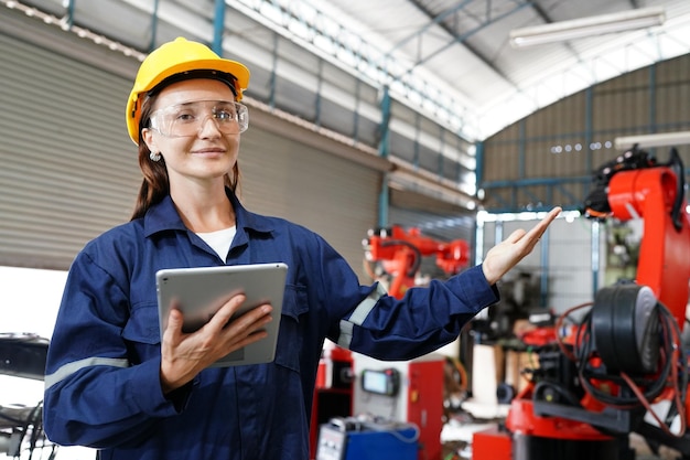 Professionelle junge industrielle Fabrikfrau, die in der Fabrik der Produktionsanlage arbeitet