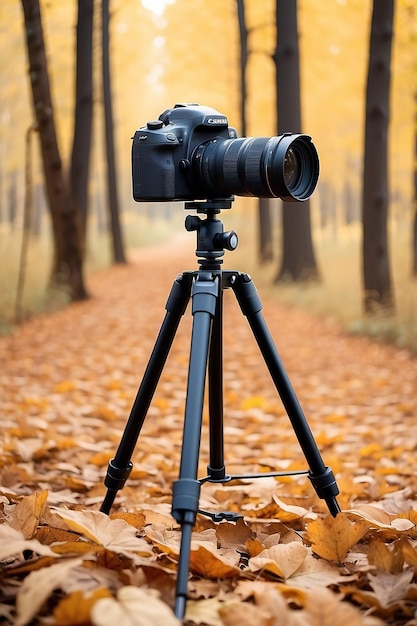 Professionelle Kamera auf einem Stativ im Herbstwald Selektive Fokussierung Natur