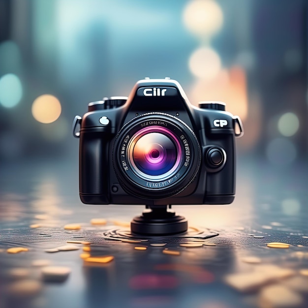 Professionelle Kamera mit digitalem Objektiv auf hölzernem HintergrundDigitalkamera mit Blitzobjektiv