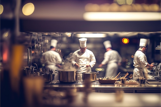 Professionelle Küche mit Köchen, die Restaurantküche mit schönen Lichtern und leckerem Essen kochen